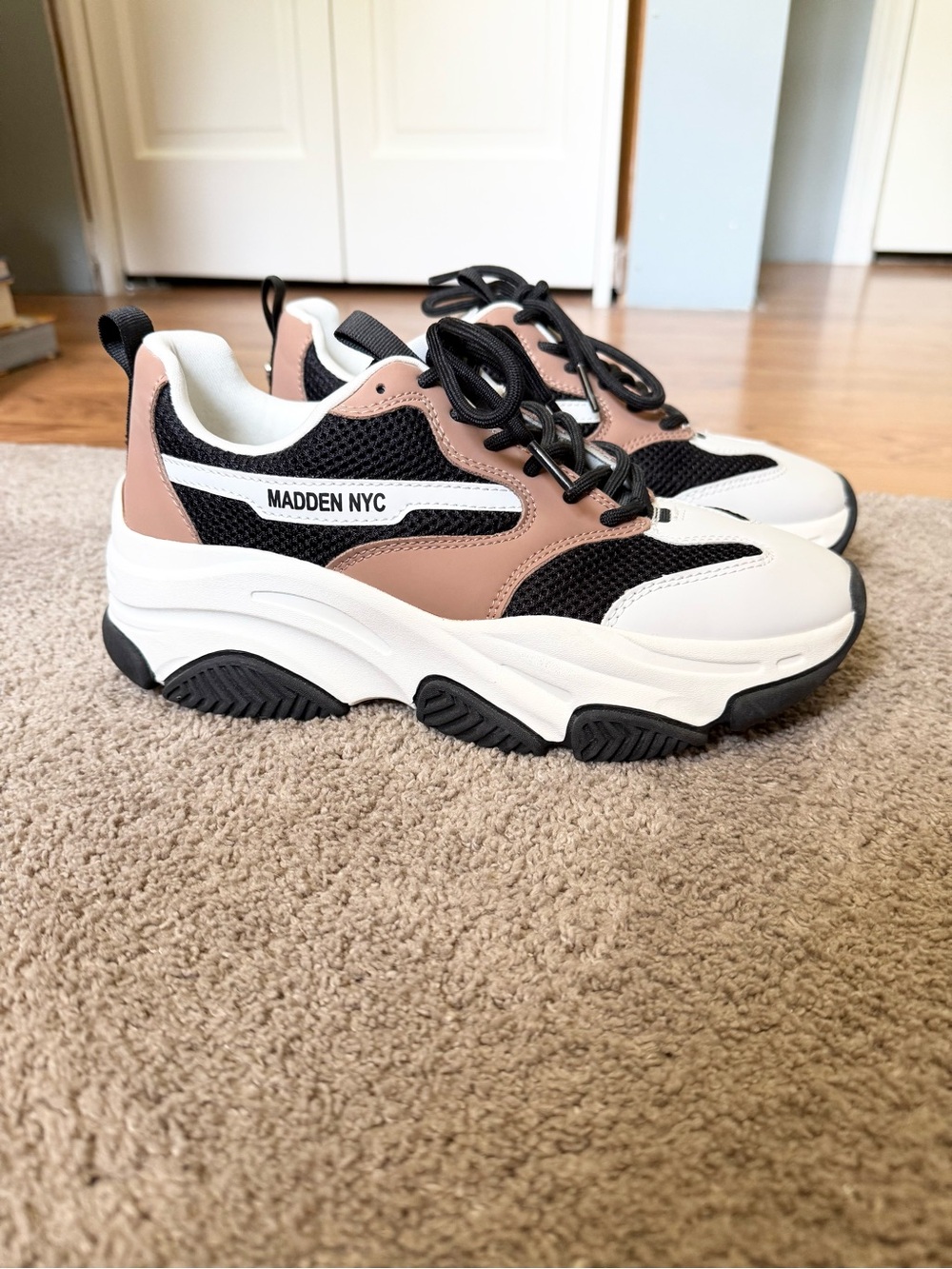Madden NYC Women's Chunky Lace-Up Sneakers — Black, White & Blush
